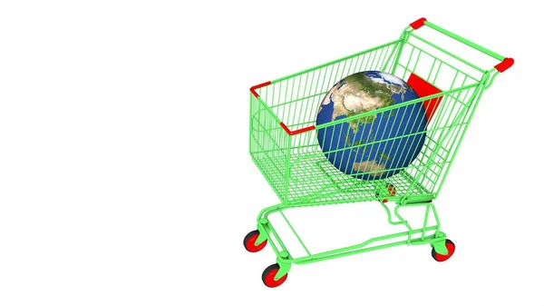 绿色购物车中的球体 白色背景的市场 渲染图像 — 图库照片