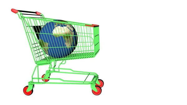 Globus Einem Grünen Einkaufswagen Vom Markt Auf Weißem Hintergrund Rendering — Stockfoto
