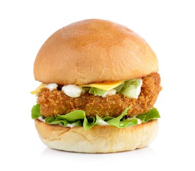 Hamburger tavuk ve peynir beyaz kağıt üzerinde
