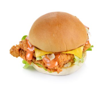 Hamburger tavuk ve peynir beyaz kağıt üzerinde