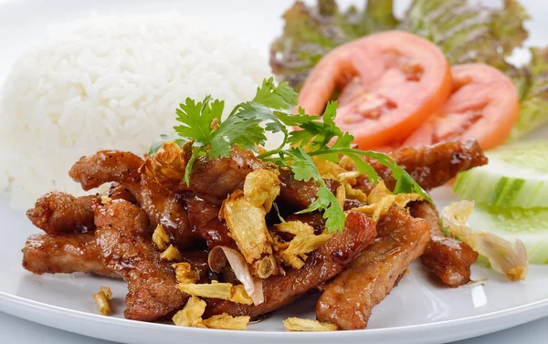 Thai style food, pork fried with crunchy garlic — Stock Photo, Image