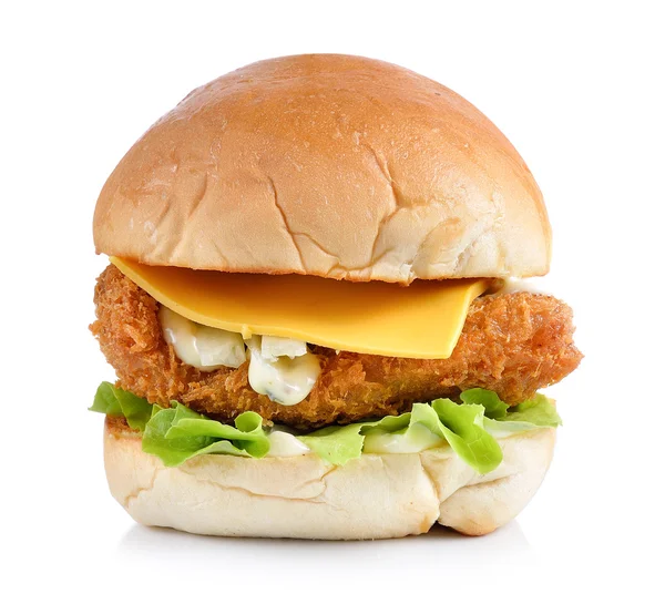 Hambúrguer com frango e queijo no backgroud branco — Fotografia de Stock