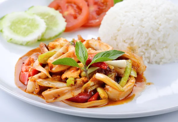 Basil Squid with rice — Stock Photo, Image