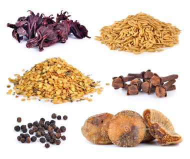 Kuru incir, biber Mısır, kırmızı biber tohumu, baharat karanfil, pirinç taneleri,
