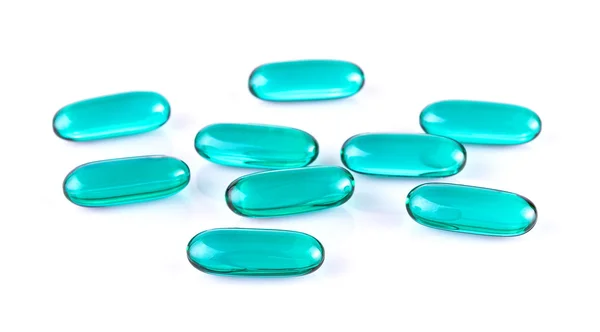 Blue Transparent pílulas conteúdo medicina cápsula no backgro branco — Fotografia de Stock