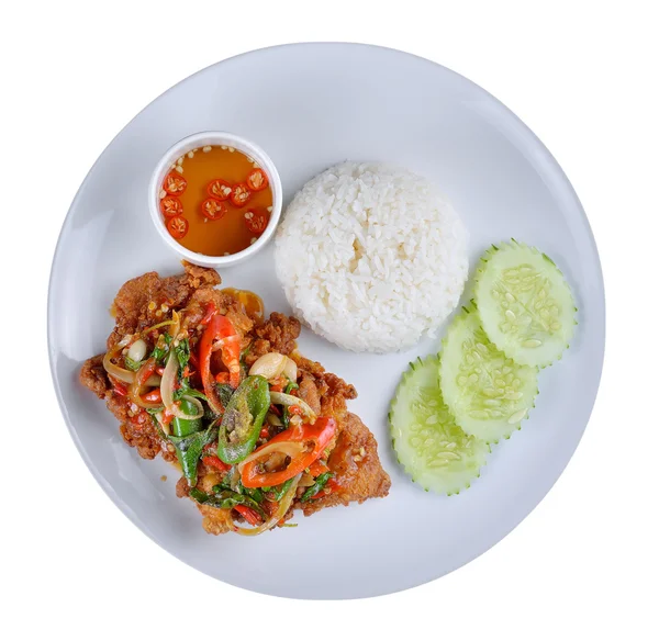 Thai stir-fried chicken and basil served with rice — Stock Photo, Image