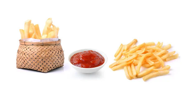 Tomatensaus en Franse frietjes geïsoleerd op witte achtergrond — Stockfoto