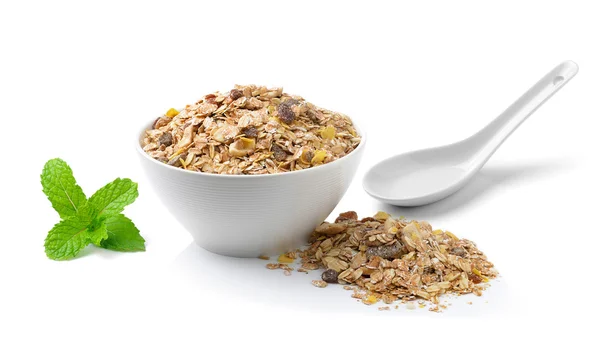 Muesli breakfast placed on white background — Stock Photo, Image