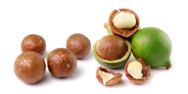Beyaz arka planda Macadamia fındıkları