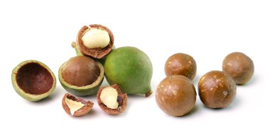 Beyaz arka planda Macadamia fındıkları