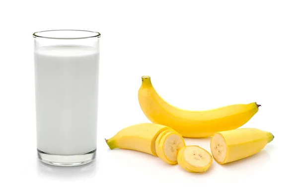Glass of milk with banana over white background — Stock Photo, Image
