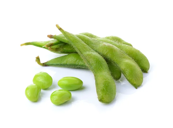 Green soybeans on white background — Stock Photo, Image