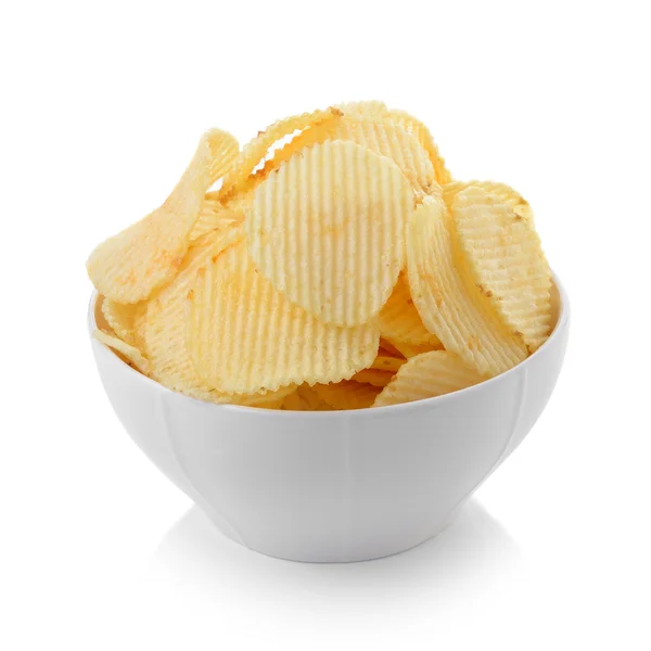 Bowl of potato chips on white background — Stock Photo, Image
