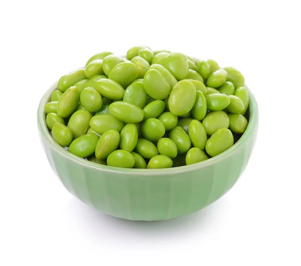 Green soy beans in  bowls on white background — Stock Photo, Image