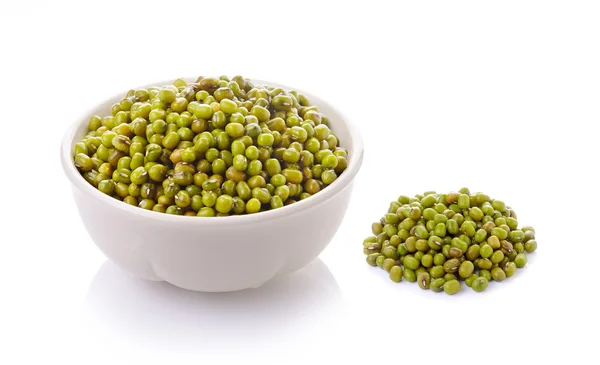 Green mung beans in bowl isolated on white background — Stock Photo, Image