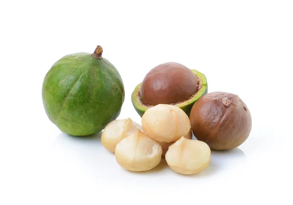 Beyaz arka planda Macadamia fındıkları — Stok fotoğraf