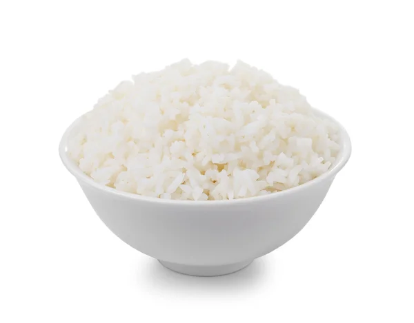 Tigela cheia de arroz sobre fundo branco — Fotografia de Stock