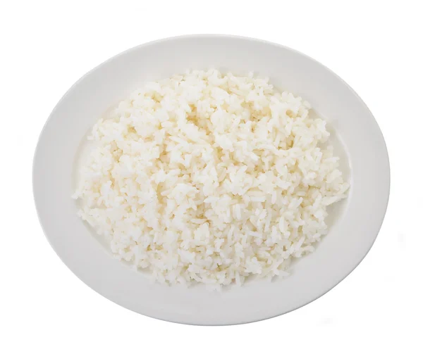 Beyaz arka plan üzerinde beyaz bir tabak pirinç pişmiş — Stok fotoğraf