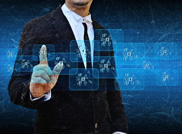 Businessman hand pushing button on a touch screen interface — Stock Photo, Image