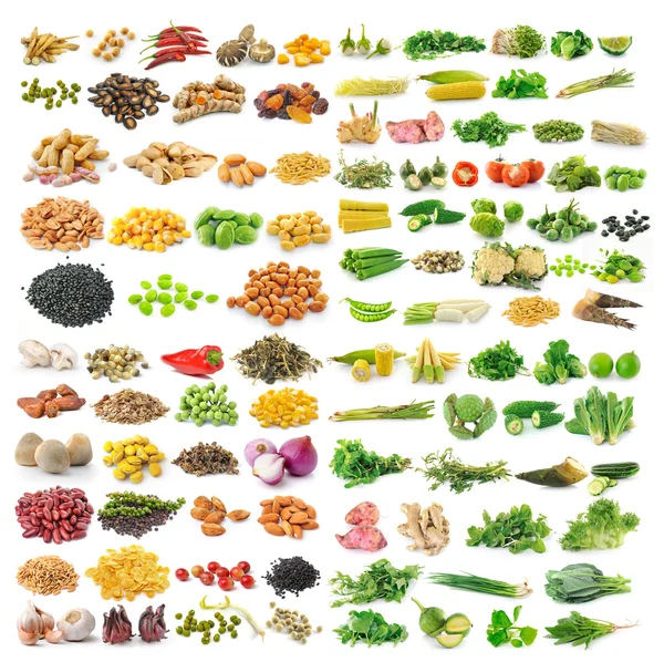 Set of vegetable grains and herbs on white background — Stock Photo, Image