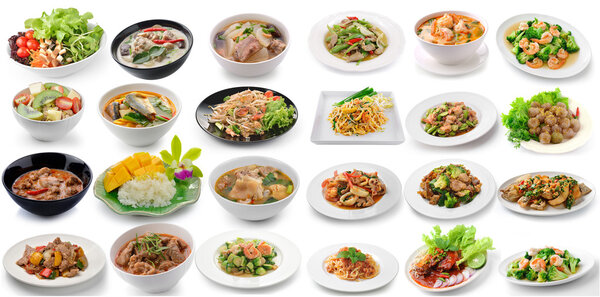 set of thai food on white background