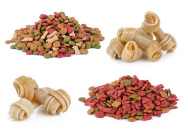 dry dog food and Artificial a bone for a dog on white background