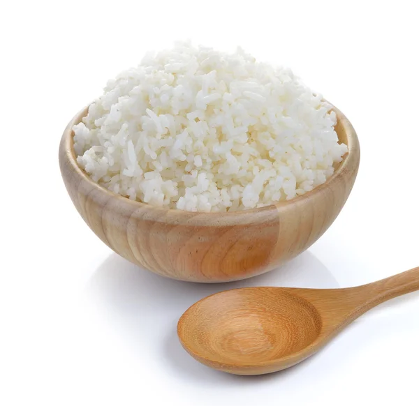 Rice in wood bowl on white background — Stock Photo, Image