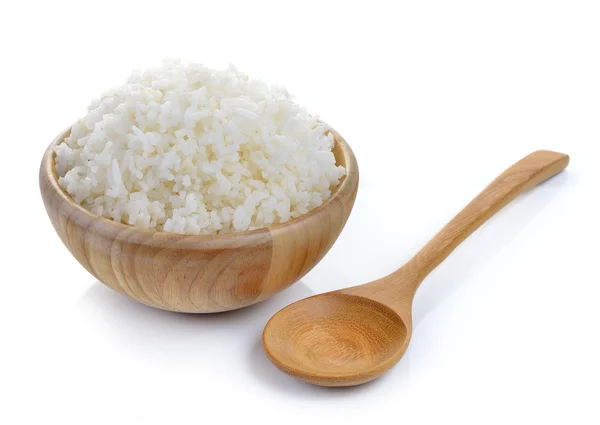 Rice in wood bowl on white background — Stock Photo, Image