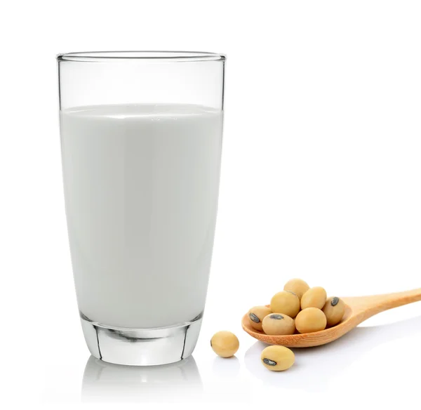 Milk with soy beans on white background — Stock Photo, Image