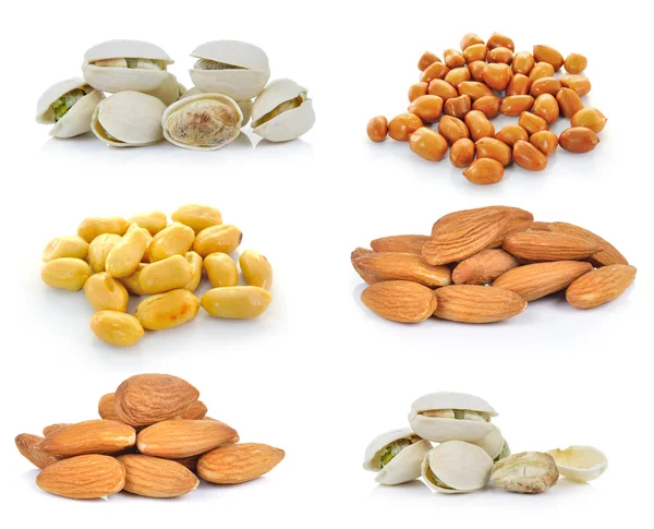 Pistachio nuts, Almonds, Peanuts on white background — Stock Photo, Image