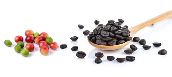 Coffee beans with wooden spoon isolated on white backgroun — Stock Photo, Image