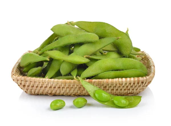 Green soybeans in the basket on white background — Stock Photo, Image