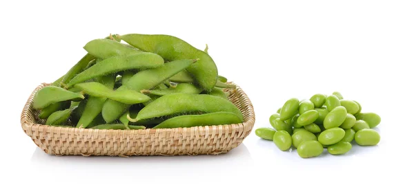 Green soybeans in the basket on white background — Stock Photo, Image