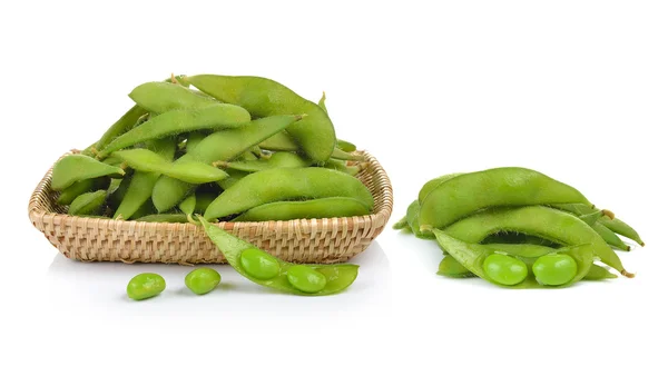 Green soybeans on white background — Stock Photo, Image