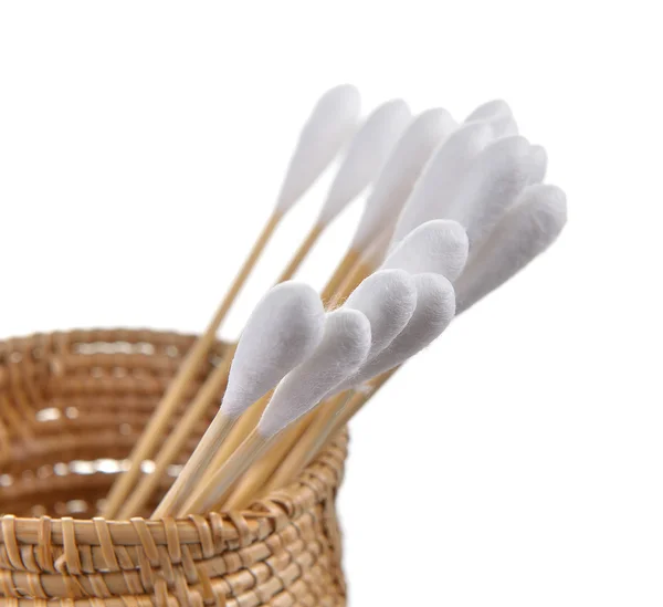 Cotton bud in the basket on white background — Stock Photo, Image