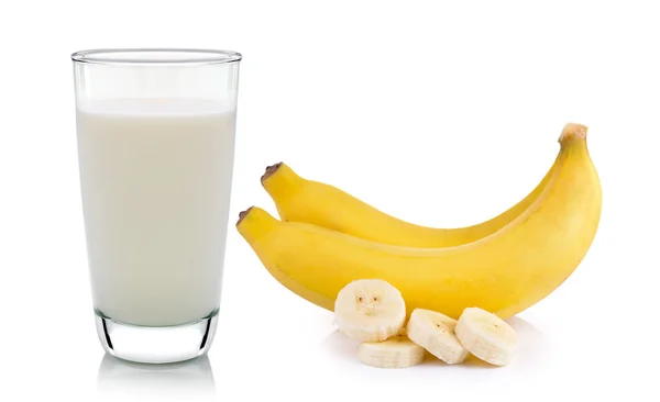 Vaso de leche y plátano aislado sobre fondo blanco — Foto de Stock