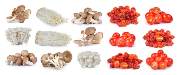 Tomates cherry rojos, tomate seco y champiñones Shiitake, Enoki — Foto de Stock