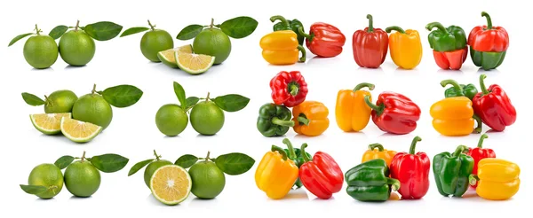 Set of pepper and Fresh sweet orange with leaves on white backg — Stock Photo, Image