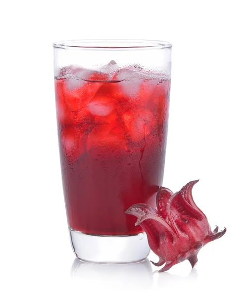 Roselle flower juice in glass with ice isolated on white backgro — Stock Photo, Image