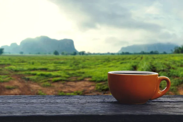 Hot black hot coffee cup. Ceramic brown glass placed on an outdoor old wood table. The background is a landscape of nature with mountains with greenery cooling colors in The morning