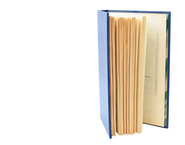 Libro Semi Aperto Con Copertina Blu Rigida Posto Verticalmente — Foto Stock