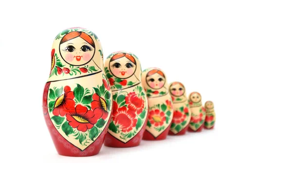 Set Nesting Dolls Lined Back Ones Slightly Blurred Show Depth — Stock Photo, Image