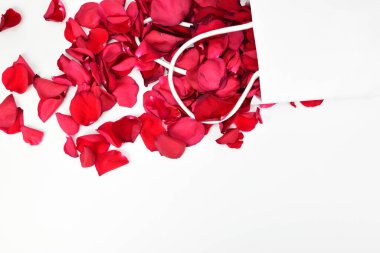 Kırmızı gül yapraklarının döküldüğü ters dönmüş beyaz bir hediye çantası..