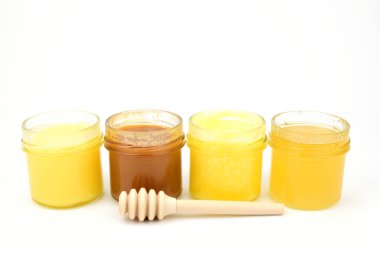 Beyaz arka planda, yanında kepçeyle duran çeşitli bal türleri..