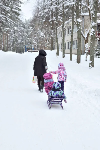Mom is carrying two small children on a sled. The third child is walking by.