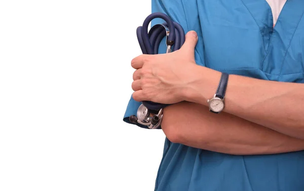 Médico Fato Azul Com Estetoscópios Mão Torso Uma Médica Isolado — Fotografia de Stock