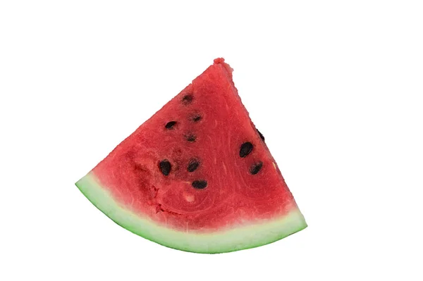 Eine Scheibe Reife Rote Wassermelone Form Eines Dreiecks Mit Schwarzen — Stockfoto