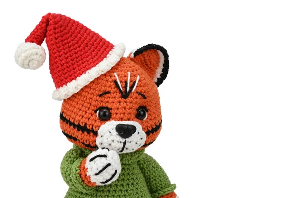 Yeşil kazaklı ve Noel Baba şapkalı örülmüş bir kaplan. Beyaz arkaplanda izole.