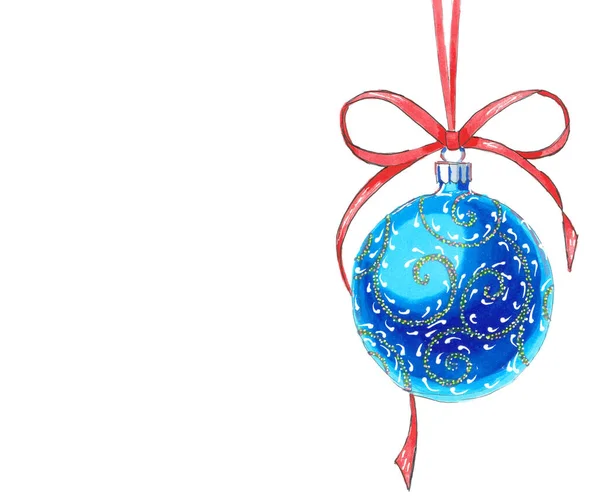 Christmas Toy Form Blue Ball Hangs Red Ribbon Bows Isolated — Stock Photo, Image