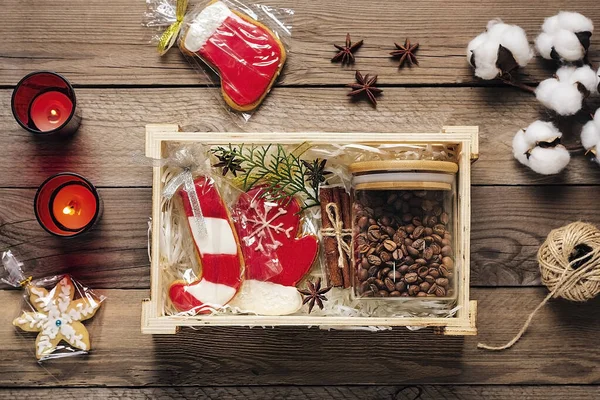 Care Package Seasonal Gift Box Coffee Gingerbread Cinnamon Personalized Eco — Stock Photo, Image